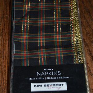 4 KIM SEYBERT CHRISTMAS TARTAN PLAID BLACK RED GREEN GOLD 21" DINNER NAPKINS